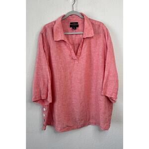 Tahari 100% Linen Popover Tunic Top Womens 3X Plus Button Detail Coral Lagenlook